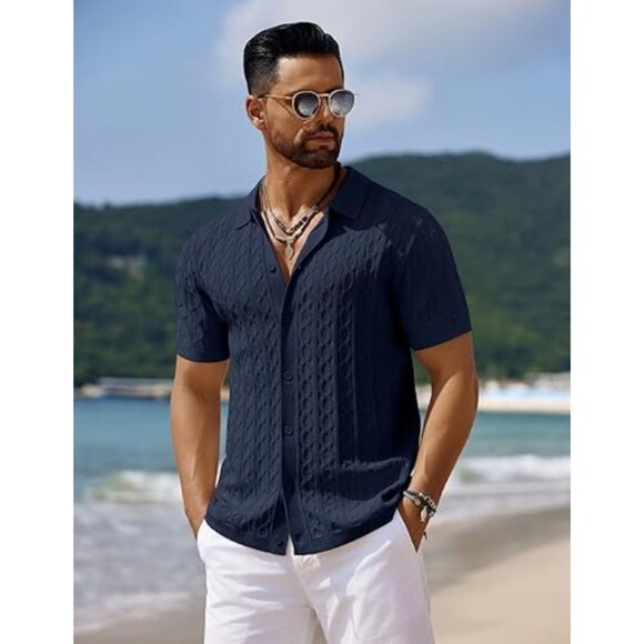 COOFANDY Short Sleeve Button Down Vintage Knitted Polo Shirt - Picture 1 of 13